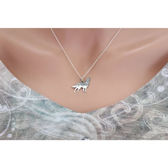 Sterling Silver Wolf Charm with Bronze Star and Moon Necklace - Picture 2 of 4